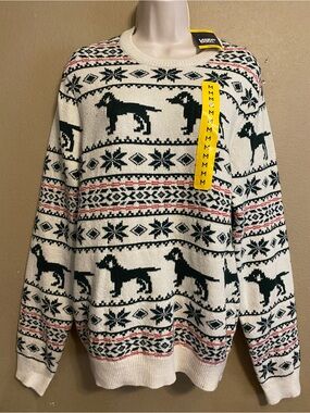 Lands End Men's Cream Holiday Christmas Dog Pattern Sweater Size Medium